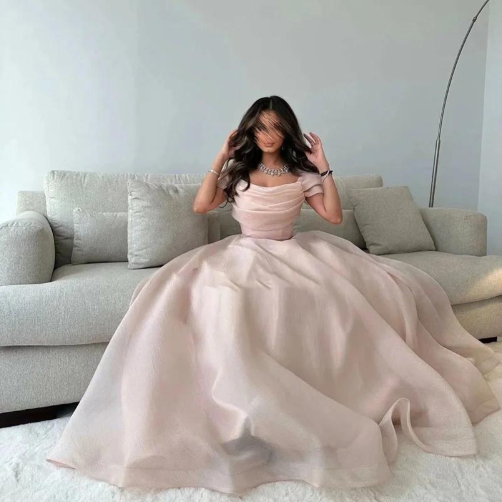 Blush Pink Off Shoulder Princess Prom Dress, Left