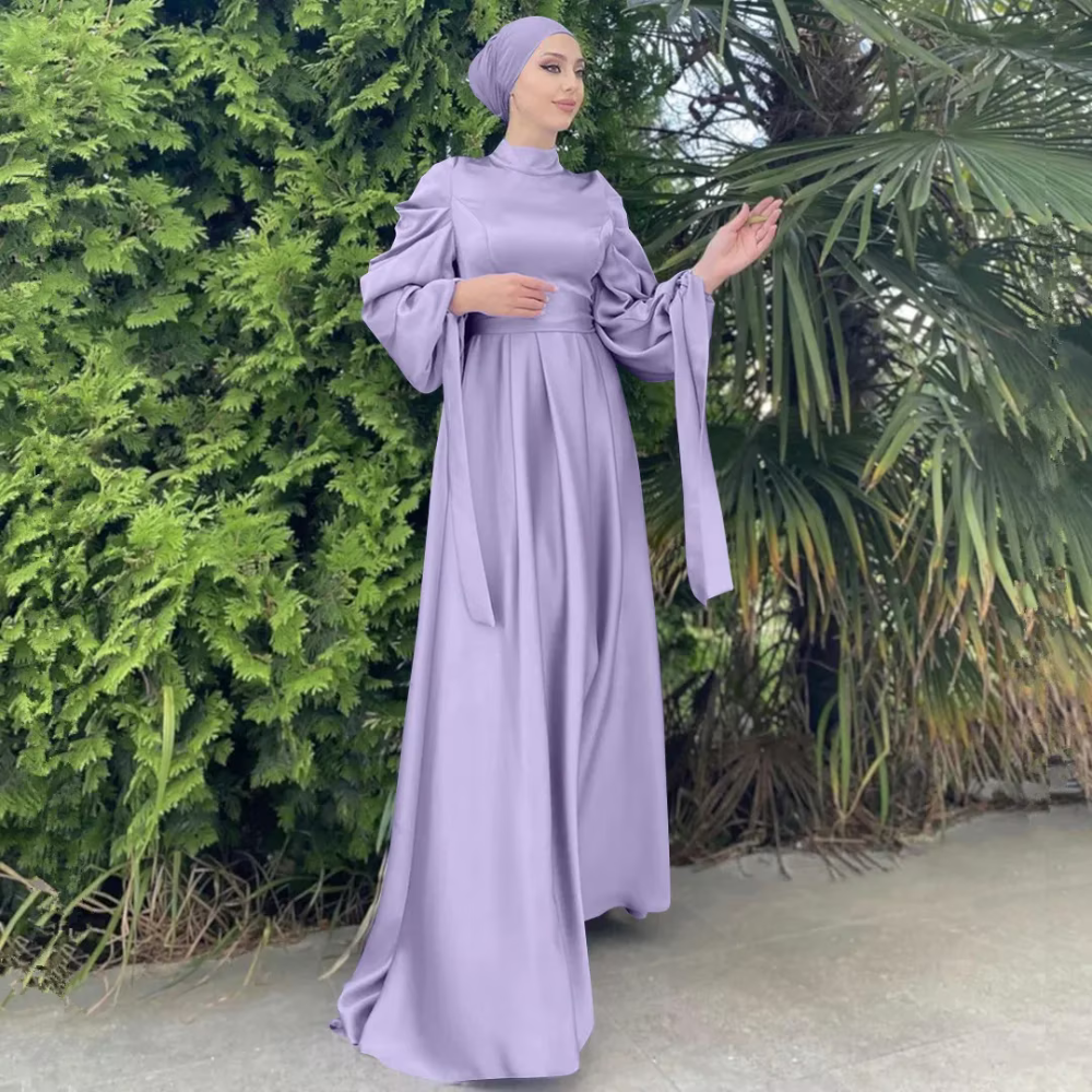 Purple Modest Satin Floor-Length Evening Dress, Long Puff Sleeves, Left View