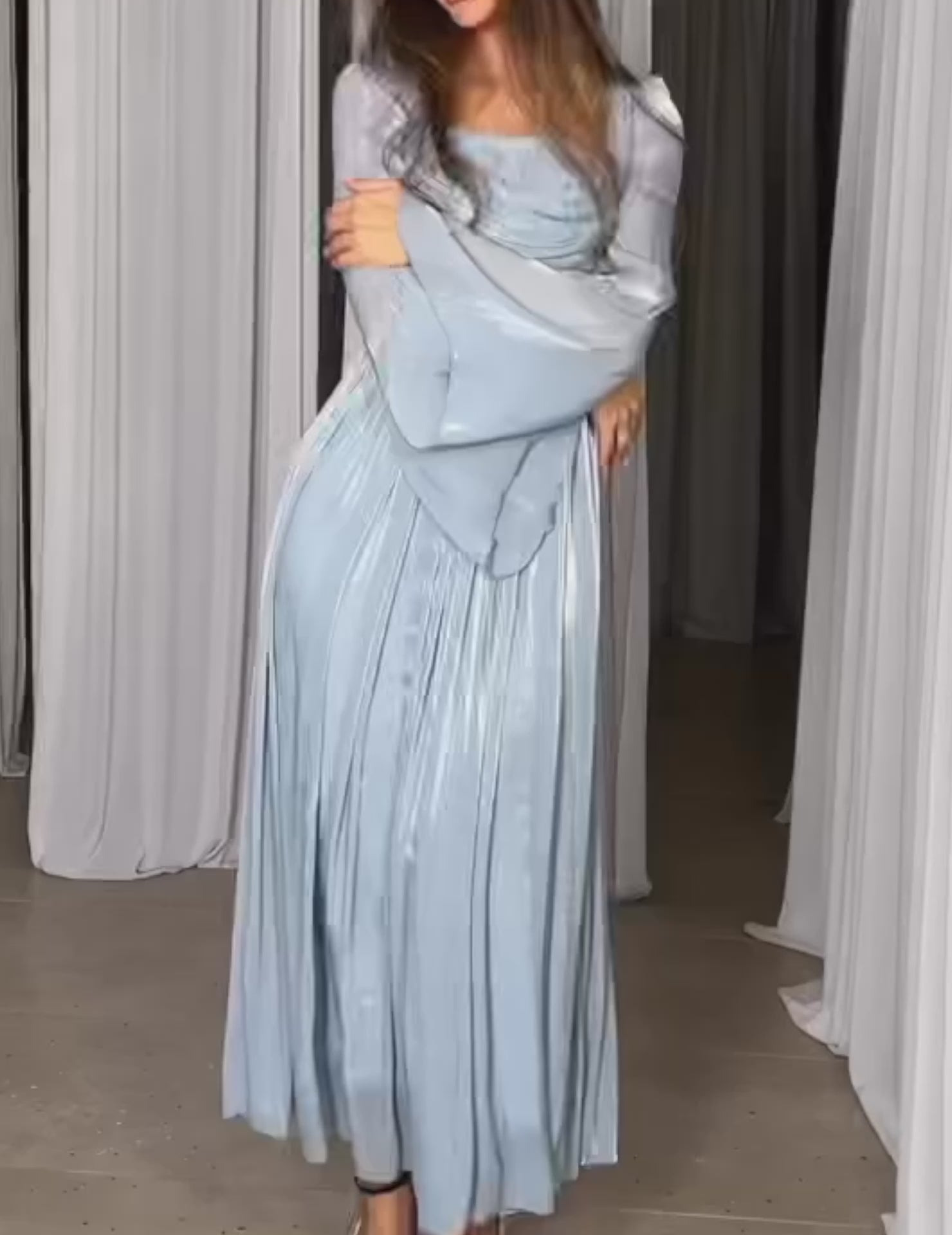 Blue Chiffon Pleated Evening Dress, Long Sleeves, Video Preview